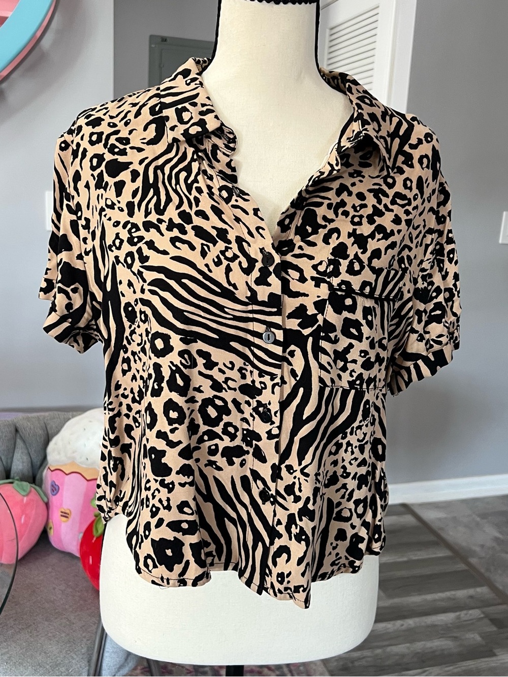 Forever21 Beige and Black Animal Print Button-Front Top